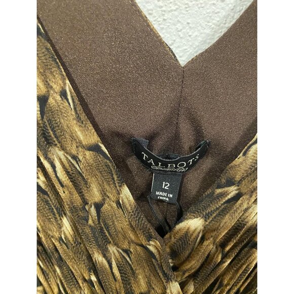 Talbots Dress Womens 12 Brown Feather Print Sleeveless Surplice Pleated A-Line - Picture 2 of 4